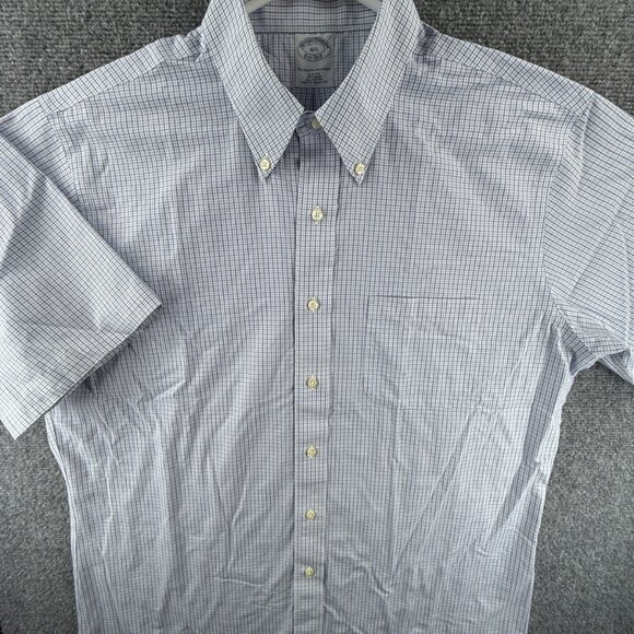 Brooks Brothers Short Sleeve Button-Down Non-Iron 16.5 Check Slim Cotton Blue - Picture 1 of 10
